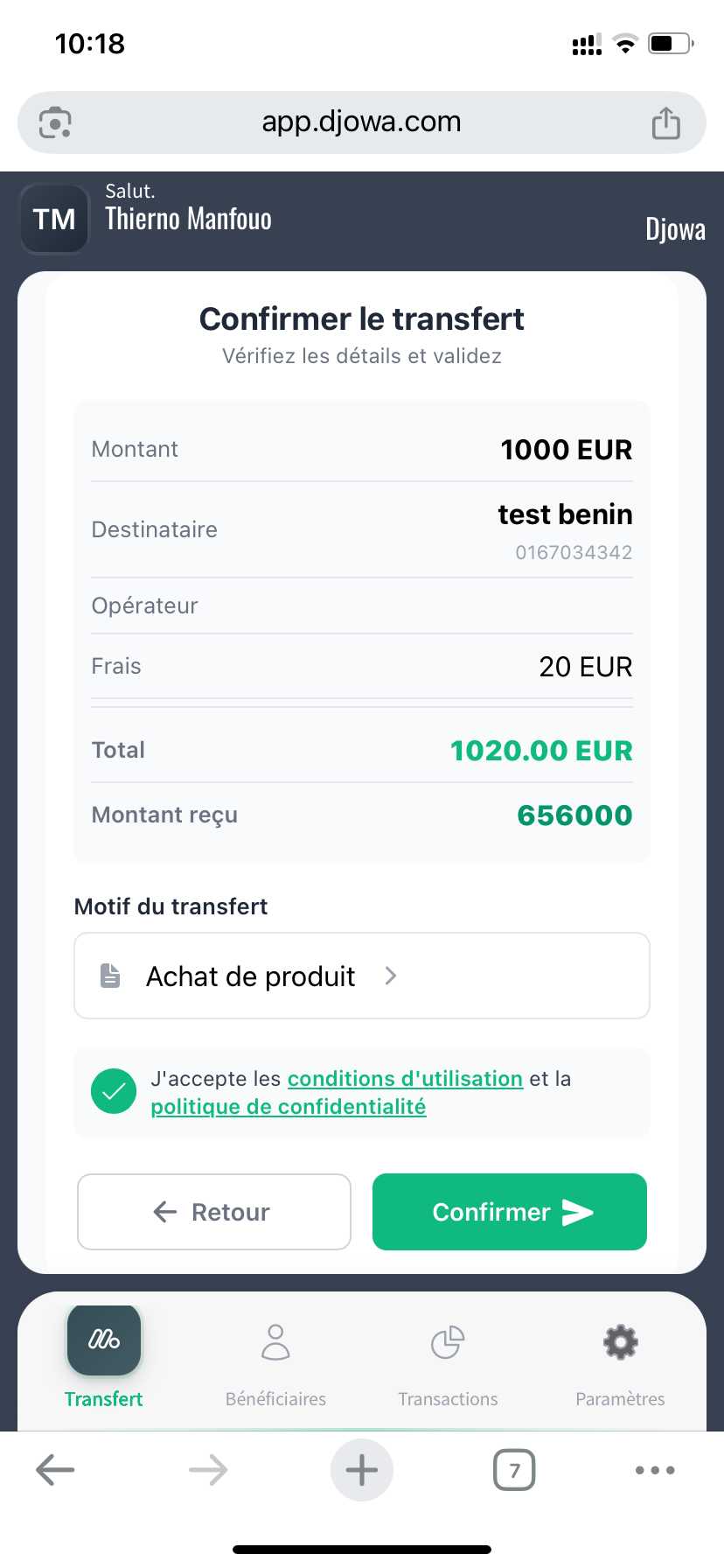 Djowa App - Interface de transfert d'argent